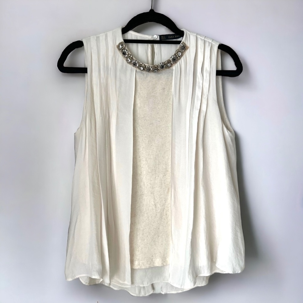 Zara Basic Cream Jeweled Collar Sleeveless Top Large